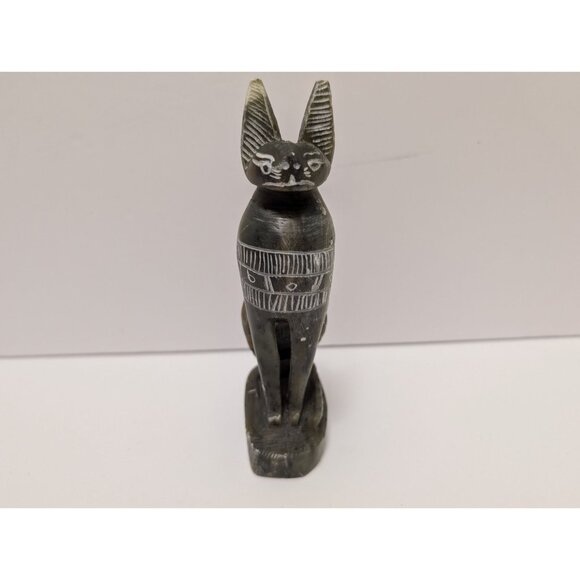 Hand-Carved Black Soapstone Egyptian Cat Figurine Hieroglyphic Detailing - Picture 1 of 10